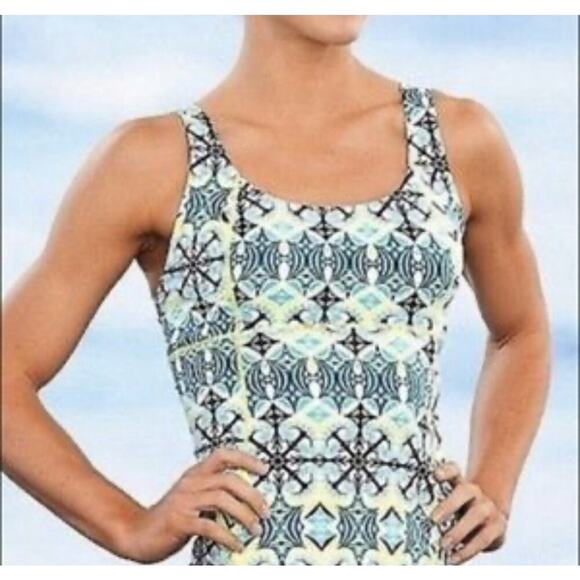 Mahalo! Athleta Athlete Blue Geometric Underwire Tankini Top SZ MD neon green - Picture 1 of 6